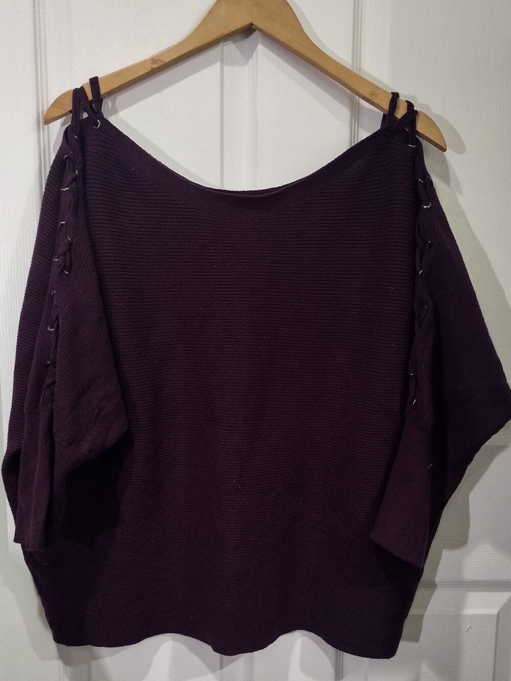 Jennifer Lopez Off-Shoulder Lace-Up Knit Top in Purple Ribbed Pullover